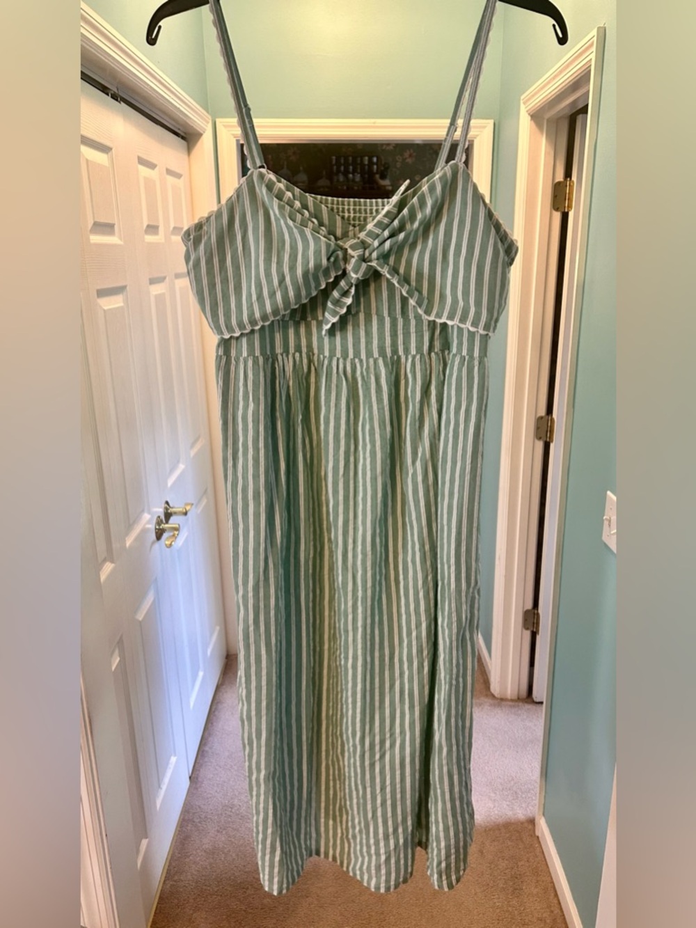 Old Navy Maternity Knot Fit & Flare Dress Green Striped Size Large NWOT